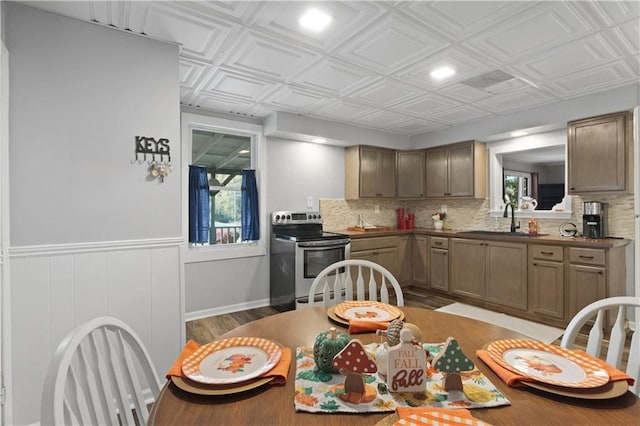 dining room with wood finished floors, an ornate ceiling, and a healthy amount of sunlight