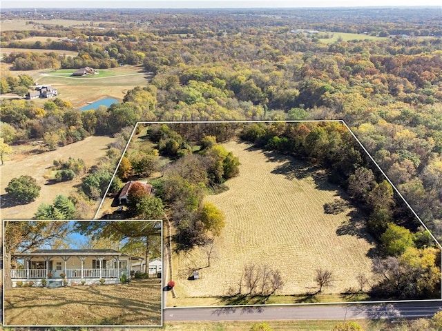 birds eye view of property with a rural view and a water view