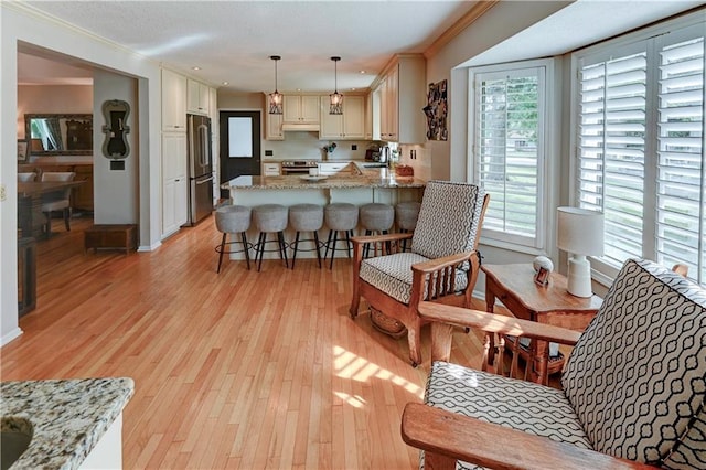 living room featuring light wood-type flooring, crown molding, and sink