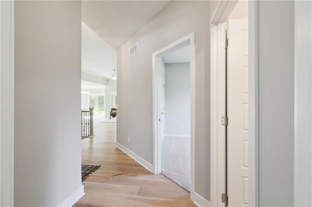 hallway featuring lofted ceiling and light hardwood / wood-style floors