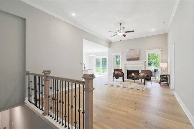 living room with ceiling fan with notable chandelier, a fireplace, crown molding, and light hardwood / wood-style floors