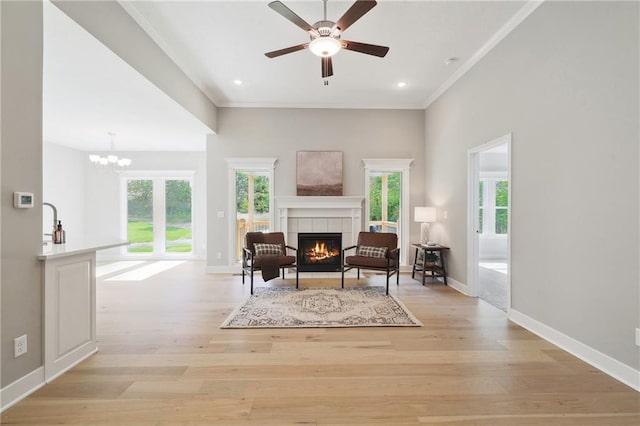 living area with crown molding, light hardwood / wood-style floors, a fireplace, and a wealth of natural light