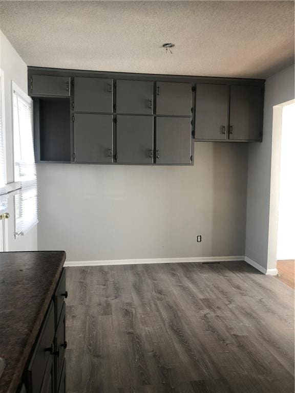 kitchen featuring dark hardwood / wood-style flooring, a textured ceiling, and gray cabinetry