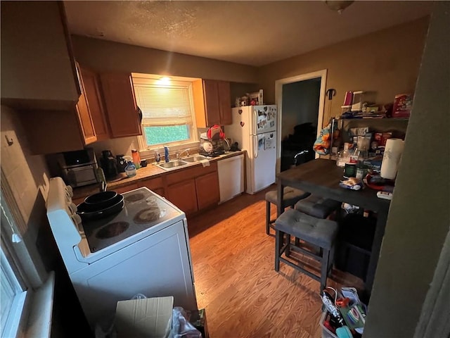 kitchen featuring white appliances, light hardwood / wood-style floors, and sink