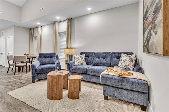 living room featuring a towering ceiling and hardwood / wood-style flooring