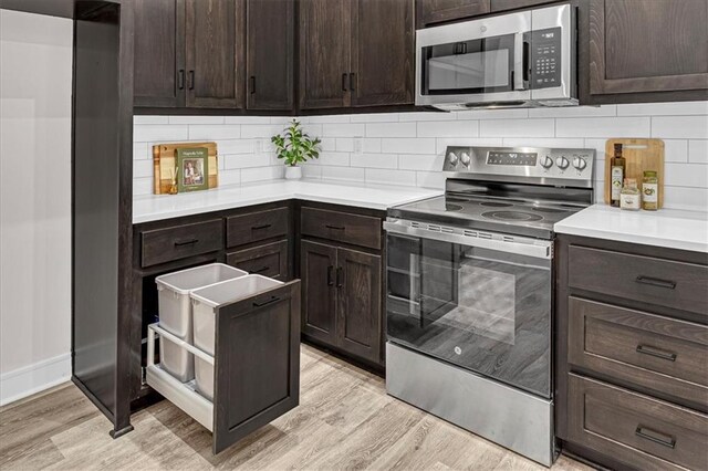 kitchen with backsplash, dark brown cabinetry, stainless steel appliances, and light wood-type flooring