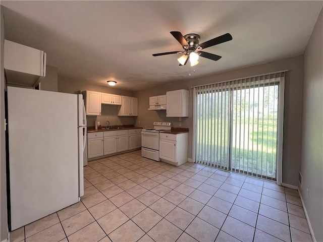 kitchen with ceiling fan, light tile patterned floors, white appliances, and white cabinetry