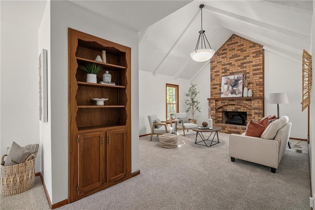 3438 N 123rd St, Kansas City, KS 66109 - carpeted living area featuring lofted ceiling with beams, baseboards, and a fireplace