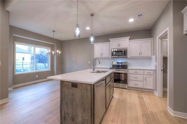 kitchen with pendant lighting, sink, stainless steel appliances, white cabinets, and a center island with sink