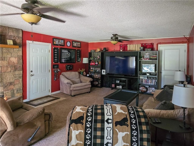 carpeted living room with a textured ceiling and ceiling fan