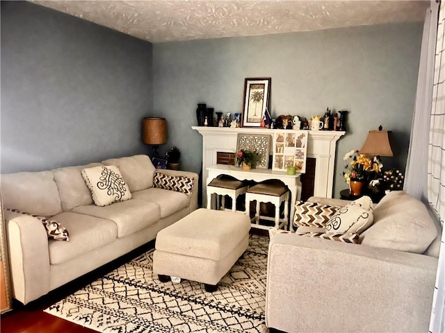 living room featuring a fireplace