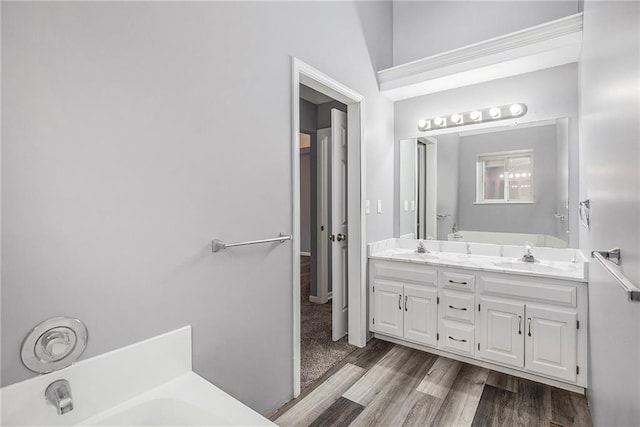 bathroom featuring a washtub, vanity, and wood-type flooring