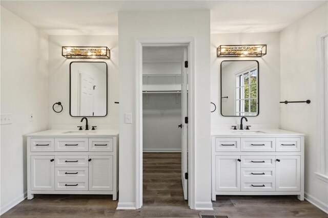 bathroom with vanity and wood-type flooring