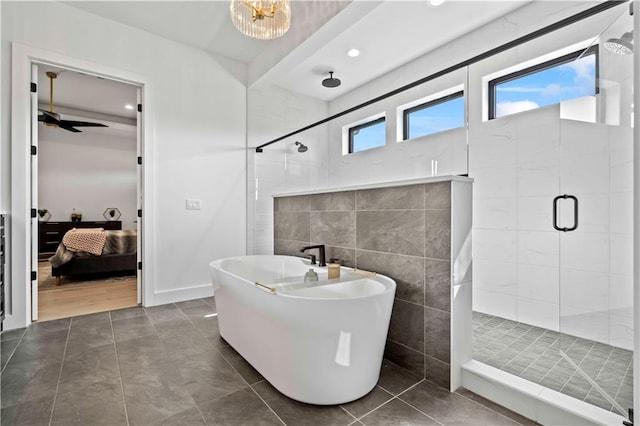 bathroom with wood-type flooring and plus walk in shower