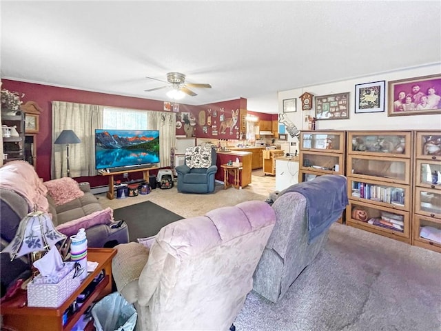 living room with ceiling fan and light carpet