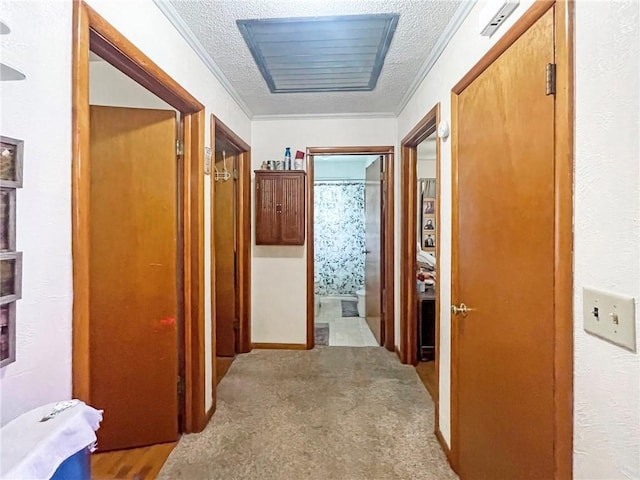 hallway featuring light carpet, a textured ceiling, and ornamental molding