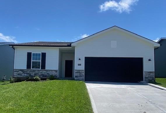 20913 W 190th Pl, Spring Hill, KS 66083 - ranch-style house with concrete driveway, stone siding, a garage, and a front lawn