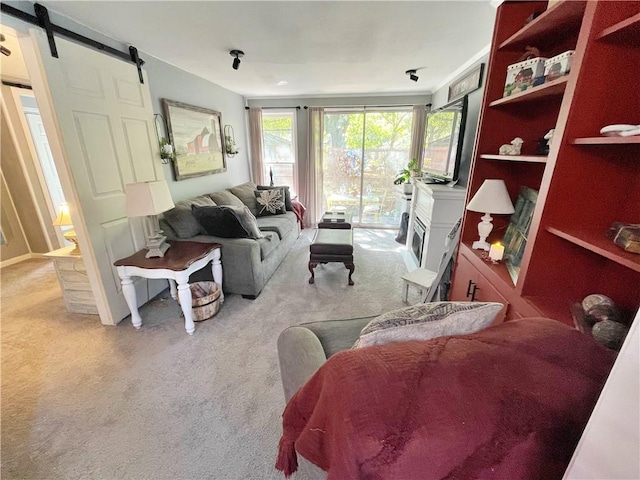 living room featuring light carpet and a barn door