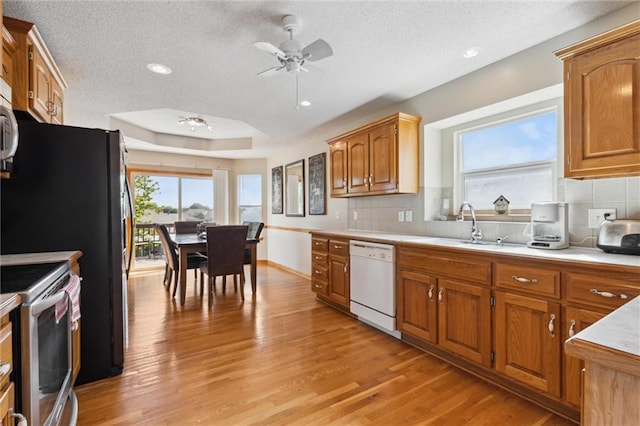 kitchen with backsplash, ceiling fan, light wood-type flooring, and appliances with stainless steel finishes