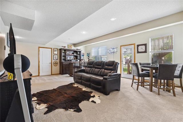 carpeted living room featuring bar and a textured ceiling