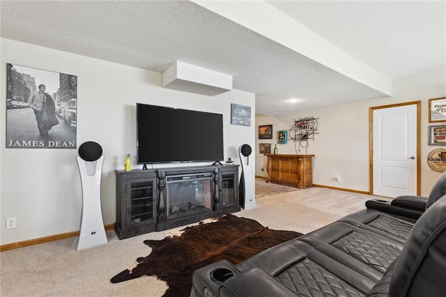 living room featuring light carpet and a textured ceiling