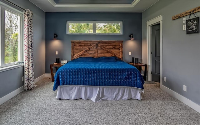 carpeted bedroom with a raised ceiling, crown molding, and multiple windows