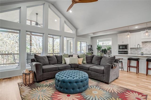 living room with a healthy amount of sunlight, ceiling fan, and light hardwood / wood-style floors