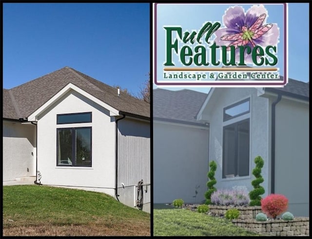 exterior space featuring a shingled roof and a yard