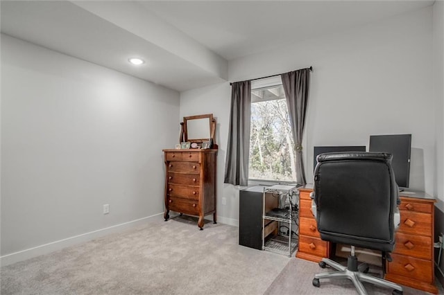 office area with carpet floors, recessed lighting, and baseboards