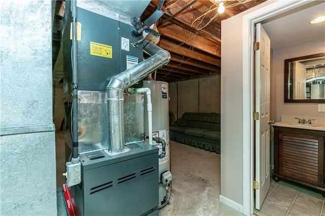 utility room with water heater, sink, and heating unit