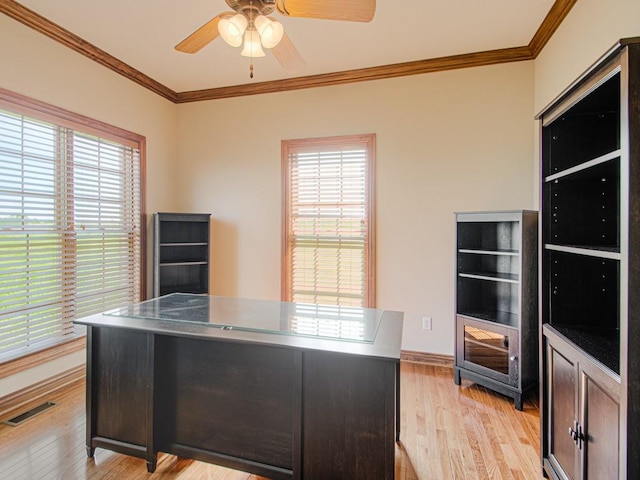 office space with crown molding, beverage cooler, ceiling fan, and light hardwood / wood-style flooring