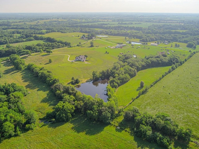 bird's eye view featuring a water view and a rural view