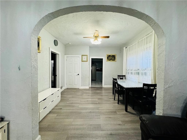 dining space featuring light wood-type flooring, a textured ceiling, and ceiling fan