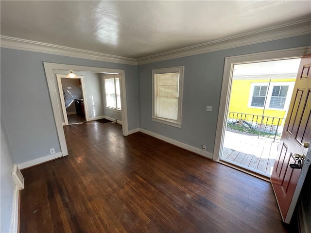 interior space featuring ornamental molding and dark wood-type flooring