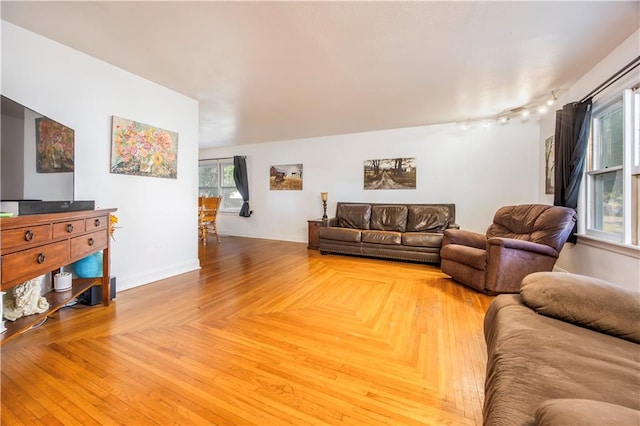 living room with parquet floors