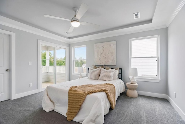 bedroom featuring visible vents, baseboards, carpet, and access to outside