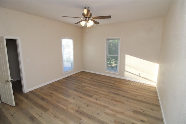 unfurnished room with ceiling fan and wood-type flooring