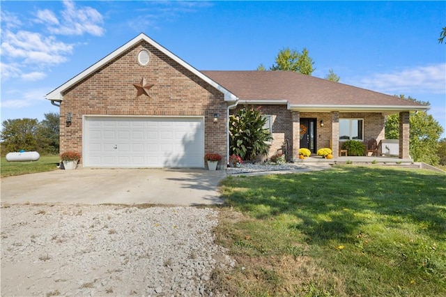 single story home featuring a front yard and a garage