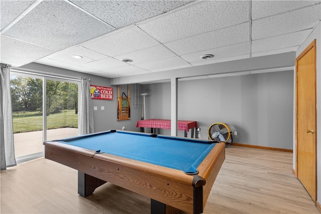 playroom featuring a drop ceiling, pool table, and hardwood / wood-style floors