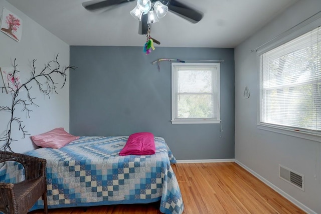 bedroom with hardwood / wood-style flooring and ceiling fan