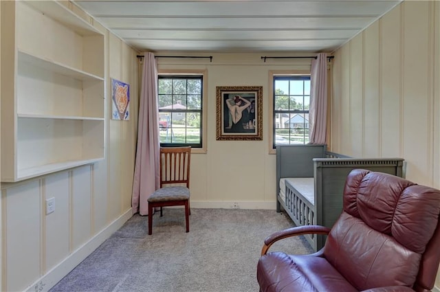 sitting room with light colored carpet and a healthy amount of sunlight