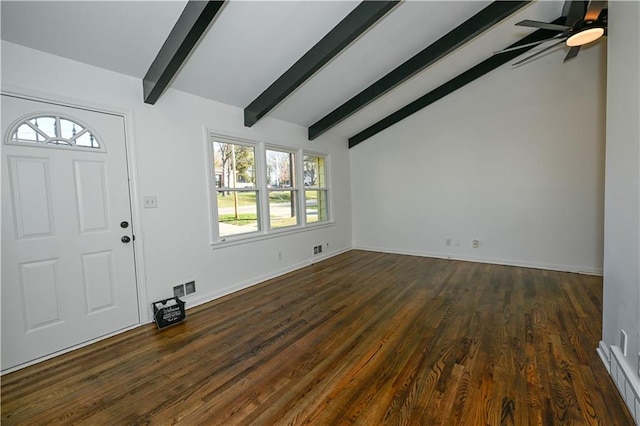 entryway featuring dark wood-type flooring, ceiling fan, and vaulted ceiling with beams