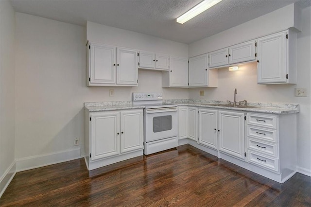 kitchen with sink, dark hardwood / wood-style floors, white electric stove, and white cabinetry