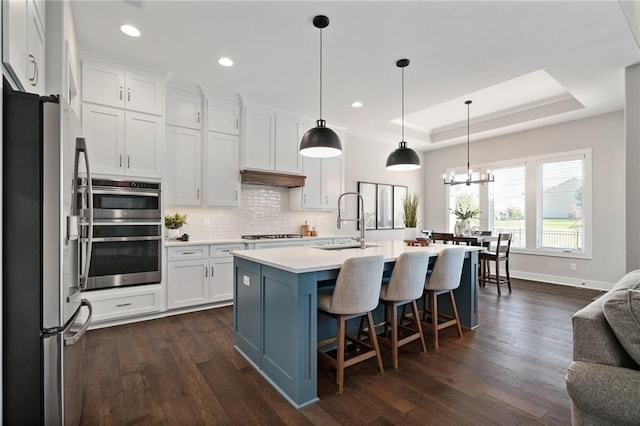 kitchen featuring white cabinets, a kitchen island with sink, appliances with stainless steel finishes, and dark hardwood / wood-style flooring