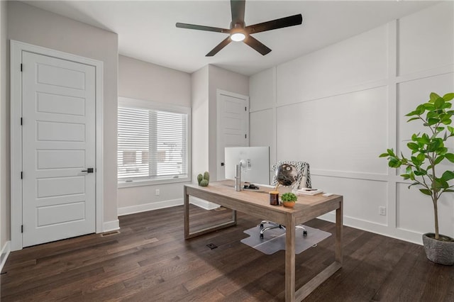 office area featuring ceiling fan and dark wood-type flooring