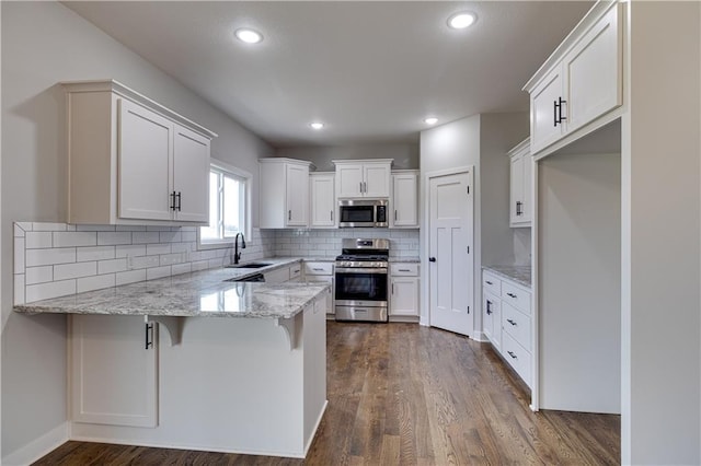 kitchen with stainless steel appliances, a peninsula, a sink, light stone countertops, and tasteful backsplash