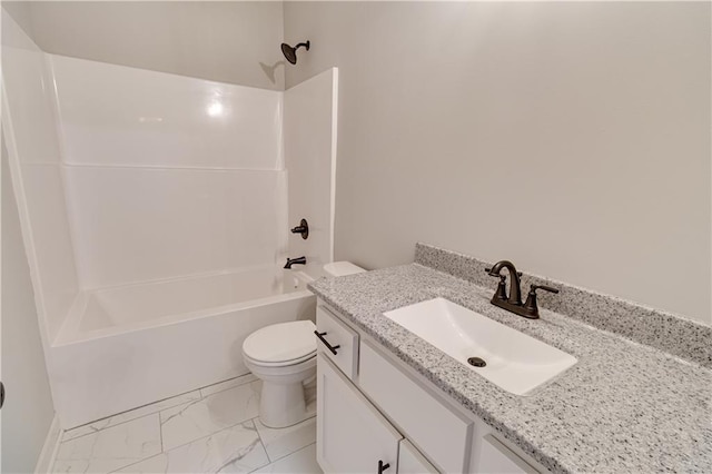 full bath featuring marble finish floor, tub / shower combination, vanity, and toilet