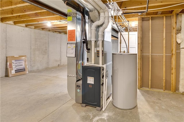 utility room featuring heating unit and water heater