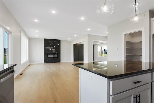 13424 W 178th St, Overland Park, KS 66013 - kitchen with stainless steel dishwasher, light wood-style flooring, recessed lighting, decorative light fixtures, and open floor plan