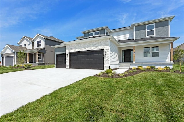 13424 W 178th St, Overland Park, KS 66013 - view of front of property featuring a porch, driveway, a garage, a front lawn, and stone siding